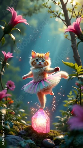 A Ballerina Kitten Leaping Above a Glowing Crystal in an Enchanted Forest