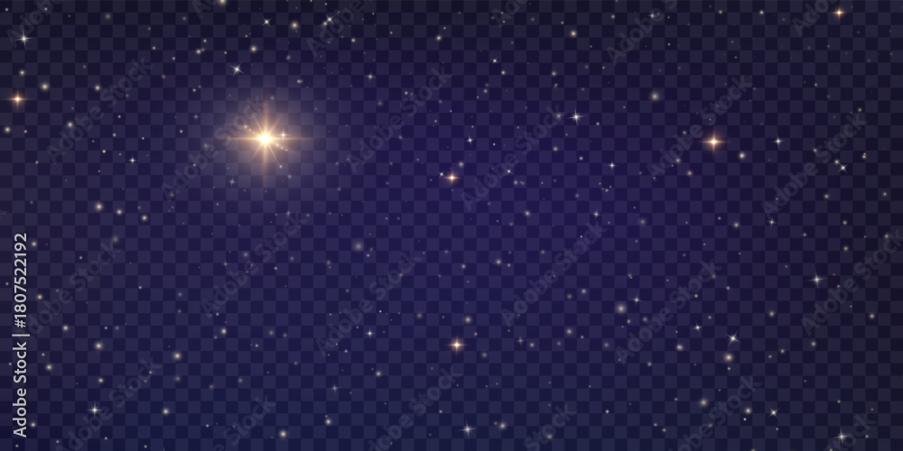Fototapeta premium Vector Christmas starry night png. Shining night sky, dark space background with stars. Stardust in deep universe, galaxy. Vector Illustration isolated on transparent background.