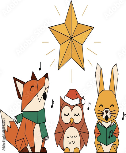 A heartwarming illustration features a fox, owl, and rabbit caroling beneath a radiant star, spreading joy and harmony isolated on white background