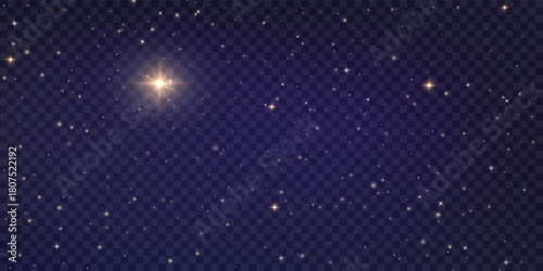 Vector Christmas starry night png. Shining night sky, dark space background with stars. Stardust in deep universe, galaxy. Vector Illustration isolated on transparent background.