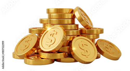 Pile of shiny gold coins with dollar signs isolated on transparent background