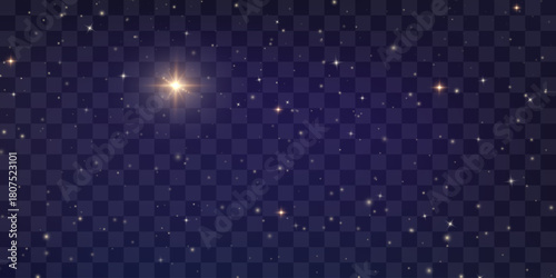 Vector Christmas starry night png. Shining night sky, dark space background with stars. Stardust in deep universe, galaxy. Vector Illustration isolated on transparent background.