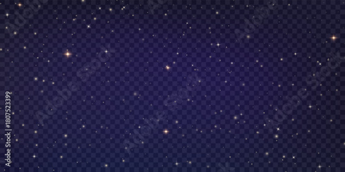 Vector Christmas starry night png. Shining night sky, dark space background with stars. Stardust in deep universe, galaxy. Vector Illustration isolated on transparent background.