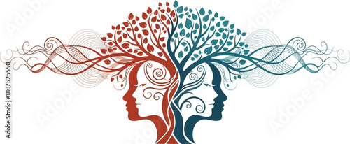 Symbolic representation of human minds connected through nature's growth and diversity symbolizing connection growth and inner worlds isolated on white background