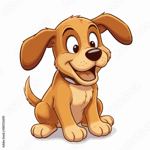 Cute cartoon dog with happy expression, cartoon dog is sitting cheerfully on white background. Cartoon dog with collar is a symbol of friendship, loyalty, and heartwarming companionship.