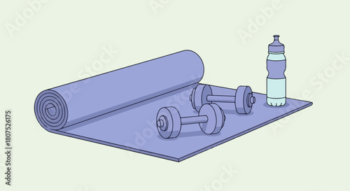 Fitness equipment setup with rolled yoga mat and dumbbells shows sport and training, fitness equipment symbolizes healthy lifestyle. Still life with sport equipment represents health and wellness,