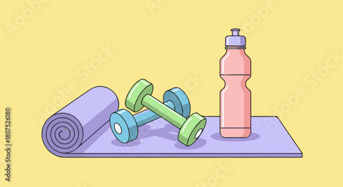 Gym equipment illustration featuring dumbbells, a mat, and water bottle for a workout setup. Gym equipment illustration details hand weights resting on workout mat with hydrating water bottle.