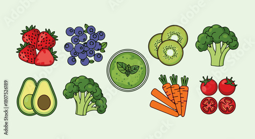 Fresh produce assortment featuring vibrant fruits and vegetables: green pesto, avocado, broccoli, kiwi, tomatoes, blueberries, strawberries and carrots.