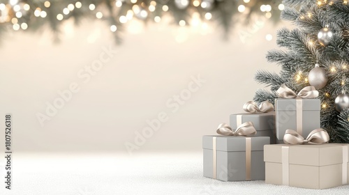 Silver and beige gift boxes adorned with ribbons rest on snow beside a gray Christmas tree, adding warmth to the serene atmosphere