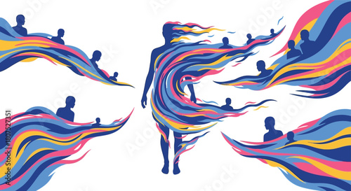 Abstract woman silhouette empowered by flowing colorful waves of energy and figures symbolizing unity and connection isolated on white background
