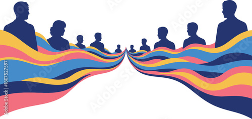Diverse group silhouette figures interacting with colorful abstract waves symbolizing connection collaboration and unity isolated on white background