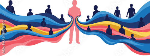 Abstract digital art concept of diverse people connected through vibrant flowing lines representing community unity and inspiration flowing from a central figure isolated on white background