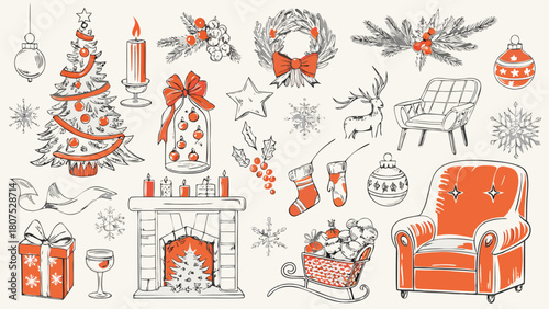 A christmas themed sketch with tree ornaments fireplace and chairs in a cozy festive arrangement