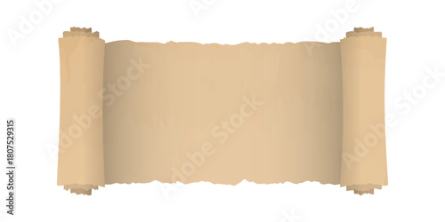 Antique unrolled scroll. Blank medieval sheet of paper with curled edges for images with vintage old design