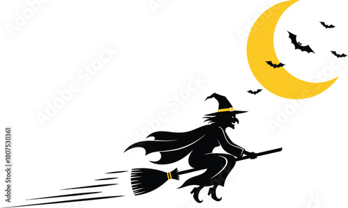 Silhouette of a witch on a broomstick flying across a crescent moon with bats for a spooky halloween night isolated on white background