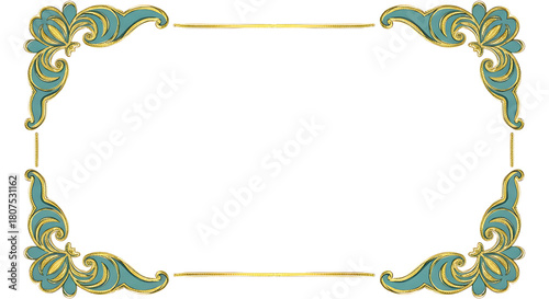 Elegant vintage rectangular frame with ornate teal and gold floral scroll corners, isolated on a white background