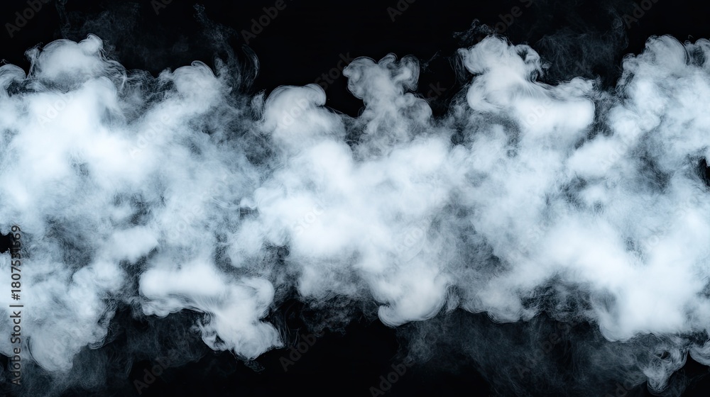 Naklejka premium Whimsical white smoke billows gracefully against a rich black backdrop, creating a striking, high-resolution composition