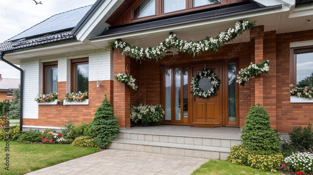 Obraz premium A contemporary home showcases solar panels on the roof, surrounded by greenery and a clear blue sky with birds soaring above on a sunny day