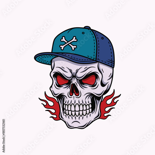Skull with a baseball cap and flames mascot Logo, bold and vibrant illustration for t-shirt design.