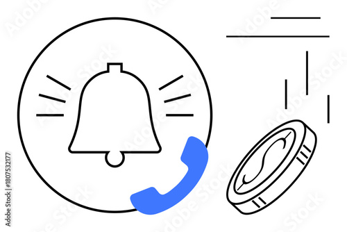 Bell with alert lines, ringing phone icon, and coin illustration. Ideal for communication, notifications, finance, calls, attention digital business multitasking. Modern flat design metaphor