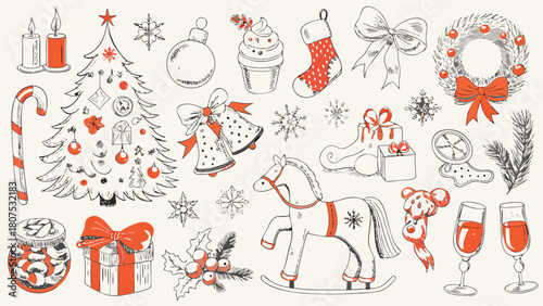 Hand drawn christmas elements including tree gifts candy cane and horse arranged on a cream background