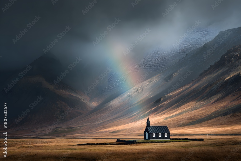 Obraz premium Dramatic Icelandic valley with black church and rainbow under stormy skies, epic landscape scenery