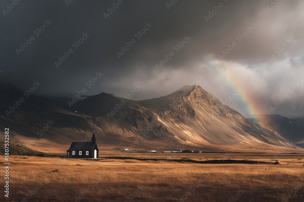 Fototapeta premium Stormy Icelandic mountains with rainbow shining over black church in vast golden valley