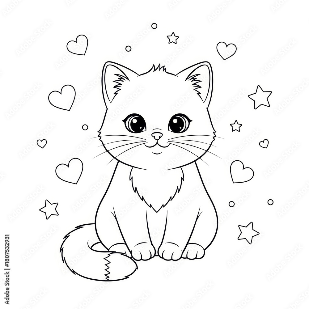 Obraz premium Black-and-white line art of a cute sitting cat with big eyes, surrounded by hearts and stars, on a white background.