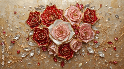 art flower meadow in summer, made of sparkling pink, lilac, yellow, and green rhinestones 