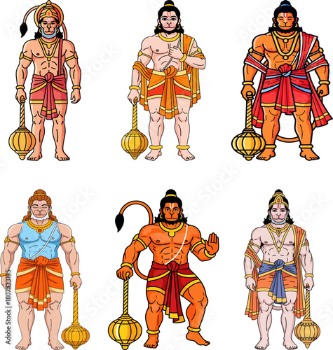 Hanuman Vector Set. Six Minimal Flat Full Body Hindu God Illustrations.
