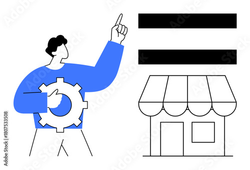 Man holding gear and pointing up, nearby store, and equality sign. Ideal for business, entrepreneurship, innovation, equality, strategy marketing teamwork. Clean and simple flat metaphor