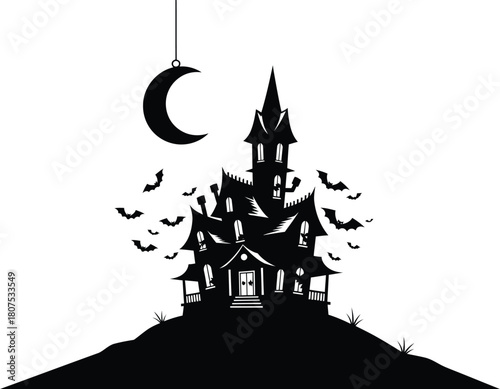 Spooky silhouette haunted house on hill under crescent moon with bats flying around for halloween celebrations and themed designs isolated on white background
