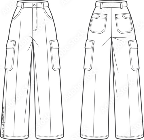 Women cargo wide-leg pants fashion flat with utility side pockets and back flap pockets apparel tech pack ready illustration