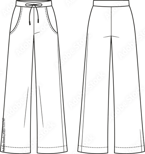 Women casual wide leg pants front back sewing pattern mockup with drawcord waist pocket detailed apparel spec fashion sheet illustration