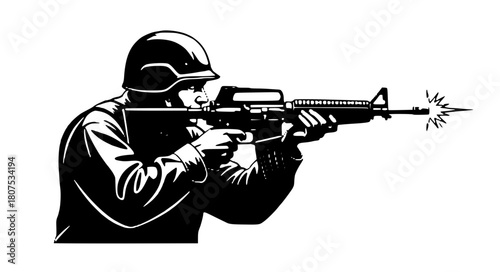 Soldier firing assault rifle with precision in combat vector illustration art