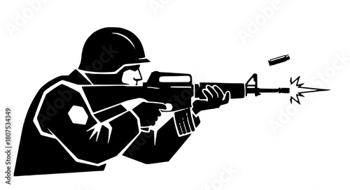 Soldier firing automatic weapon, military combat training in monochrome style