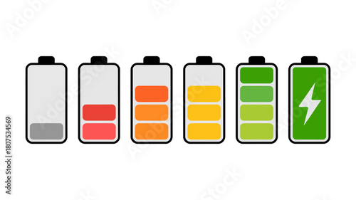 Battery level indicators set displaying charge status from empty to full and charging icon, crucial for modern digital device interfaces and user experience design.