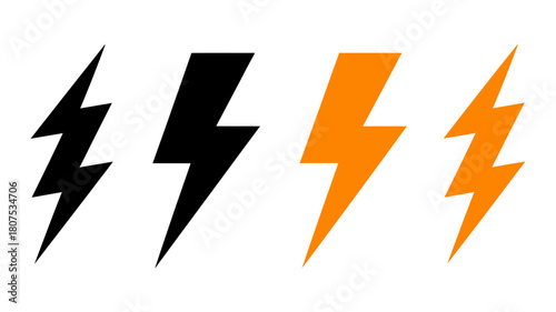 Set of four stylized lightning bolt icons, two black and two vibrant orange, symbolizing electricity, power, energy, speed, and warning.