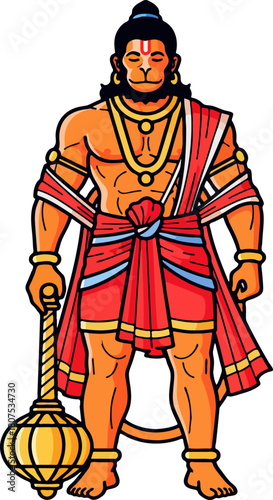 Minimal Hanuman Vector. Flat Color Full Body Hindu God Art.