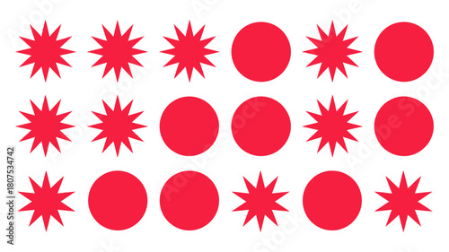 Red abstract geometric pattern featuring alternating starburst and circular shapes arranged in a precise grid for a modern graphic design element