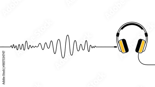 Line art illustration featuring modern over-ear headphones linked to an oscillating sound wave, representing audio, listening, and music enjoyment.