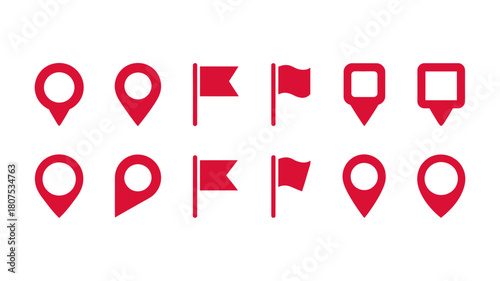 Vibrant red vector icon set displaying various map pins, location markers, and flags for digital navigation, travel, and geographic mapping purposes.