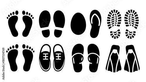 Diverse black silhouette collection of footprints, shoe prints, and fin marks, including bare feet, sneakers, sandals, boots, and swim fins