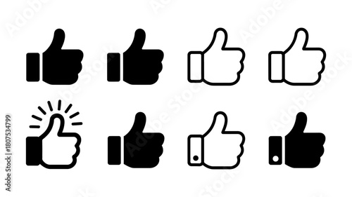 Thumb up like icons collection with various styles, including filled and outline designs for approval, agreement, and positive feedback in web and app ui.