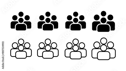 Versatile collection of group of people icons, depicting concepts like community, team, users, and social networks in solid and outline styles.