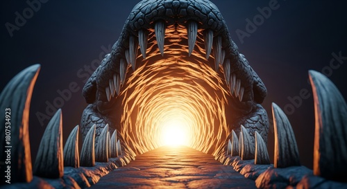 Fototapeta Naklejka Na Ścianę i Meble -  A dramatic perspective of a tunnel shaped like a monstrous mouth, with bright light.