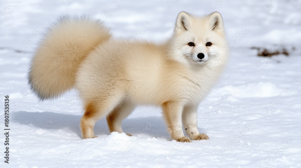 Obraz premium A graceful Arctic fox stands in the snow, gazing forward with bright eyes, its beautiful fur contrasting the white landscape and falling snowflakes