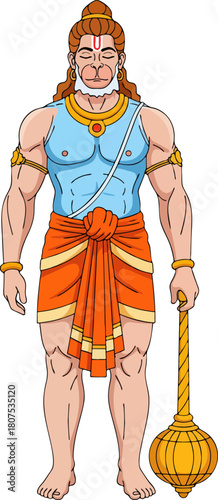 Minimal Hanuman Vector. Flat Color Full Body Hindu God Art.