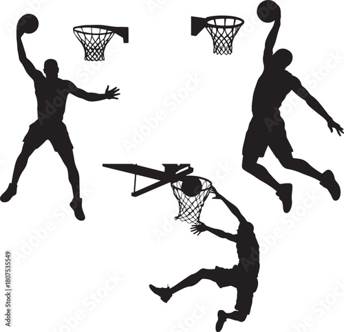 Basketball players silhouettes performing slam dunk and action sports vector art