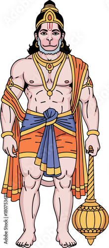 Hanuman Ji Vector. Bold Outline Minimal Flat Style Illustration.